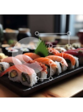 Σετ των 2 Intra Συλλεκτικό Ξύλινο Παζλ Plywood  4mm - Διάφοροι τύποι σούσι σε μαύρο δίσκο με σάλτσα σόγιας και Wasabi στο πλάι Σε Ξύλινο Κουτί - Διαστάσεις: 10x10 cm – 25 κομμάτια