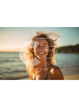 Intra Συλλεκτικό Ξύλινο Παζλ Plywood  4mm - Όμορφη εικόνα της χαμογελαστής ξανθιάς γυναίκας στην παραλία στο ηλιοβασίλεμα Σε Ξύλινο Κουτί - Διαστάσεις Puzzle: 10x10 cm – 25 κομμάτια