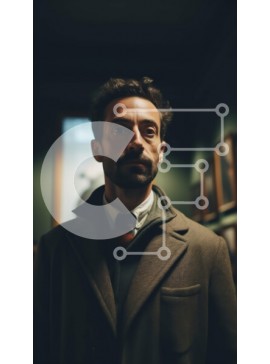 Intra Συλλεκτικό Ξύλινο Παζλ Plywood  4mm - Σοβαρός άνδρας με καφέ παλτό και γραβάτα που στέκεται στο δωμάτιο με χαμηλό φωτισμό Σε Ξύλινο Κουτί - Διαστάσεις Puzzle: 10x10 cm – 25 κομμάτια