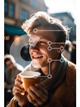 Intra Συλλεκτικό Ξύλινο Παζλ Plywood  4mm - Νεαρός άνδρας που στέκεται στην Πλακόστρωτη οδό με το φλιτζάνι του καφέ στο χέρι Σε Ξύλινο Κουτί - Διαστάσεις Puzzle: 10x10 cm – 25 κομμάτια