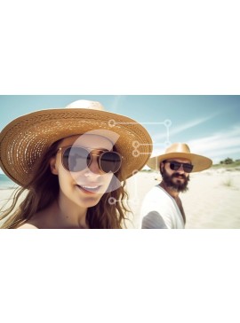 Intra Συλλεκτικό Ξύλινο Παζλ Plywood  4mm - Χαμογελώντας νεαρό ζευγάρι με γυαλιά ηλίου και ψάθινα καπέλα στην παραλία Σε Ξύλινο Κουτί - Διαστάσεις Puzzle: 10x10 cm – 25 κομμάτια