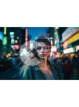 Intra Συλλεκτικό Ξύλινο Παζλ Plywood  4mm - Σοβαρή νεαρή γυναίκα στην πόλη με φώτα νέον και ορίζοντα Σε Ξύλινο Κουτί - Διαστάσεις Puzzle: 10x10 cm – 25 κομμάτια