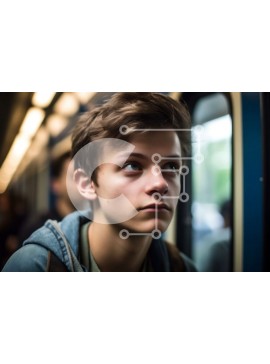 Intra Συλλεκτικό Ξύλινο Παζλ Plywood  4mm - Νεαρός άνδρας που κοιτάζει έξω το παράθυρο τρένου του μετρό με μπλε κουκούλα Σε Ξύλινο Κουτί - Διαστάσεις Puzzle: 10x10 cm – 25 κομμάτια