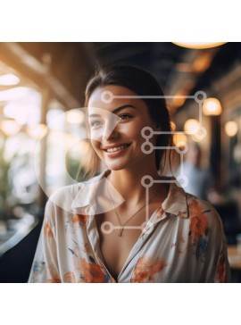 Intra Συλλεκτικό Ξύλινο Παζλ Plywood  4mm - Φιλική εικόνα μιας γυναίκας με ένα λουλουδάτο πουκάμισο σε ένα εστιατόριο Σε Ξύλινο Κουτί - Διαστάσεις Puzzle: 10x10 cm – 25 κομμάτια