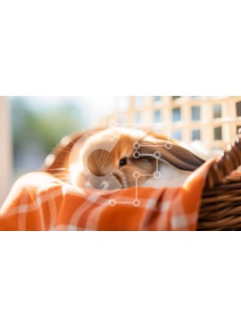 Intra Συλλεκτικό Ξύλινο Παζλ Plywood  4mm - Χαριτωμένο καφέ και πορτοκαλί λαγουδάκι που στηρίζεται σε καλάθι σε καρό κουβέρτα Σε Ξύλινο Κουτί - Διαστάσεις: 10x10 cm – 25 κομμάτια