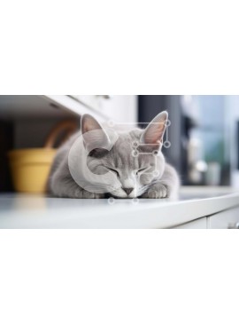 Intra Συλλεκτικό Ξύλινο Παζλ Plywood  4mm - Χαλαρή γκρίζα γάτα που στηρίζεται στον πάγκο της κουζίνας Σε Ξύλινο Κουτί - Διαστάσεις: 10x10 cm – 25 κομμάτια