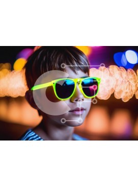 Intra Συλλεκτικό Ξύλινο Παζλ Plywood  4mm - Νεαρό αγόρι με γυαλιά ηλίου νέον σε πολύχρωμα νυχτερινά φώτα Σε Ξύλινο Κουτί - Διαστάσεις Puzzle: 10x10 cm – 25 κομμάτια