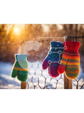 Intra Συλλεκτικό Ξύλινο Παζλ Plywood  4mm - Πολύχρωμα γάντια που κρέμονται σε έναν συρμάτινο φράχτη στο χιόνι Σε Ξύλινο Κουτί - Διαστάσεις Puzzle: 10x10 cm – 25 κομμάτια