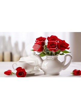 Σετ των 2 Intra Συλλεκτικό Ξύλινο Παζλ Plywood  4mm - Κομψή ώρα για τσάι με κόκκινα τριαντάφυλλα σε λευκή τσαγιέρα Σε Ξύλινο Κουτί - Διαστάσεις: 10x10 cm – 25 κομμάτια
