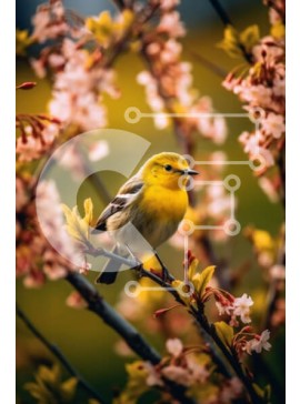 Σετ των 2 Intra Συλλεκτικό Ξύλινο Παζλ Plywood  4mm - Όμορφη εικόνα μικρού κίτρινου πουλιού σκαρφαλωμένο σε κλαδί με ροζ λουλούδια Σε Ξύλινο Κουτί - Διαστάσεις: 10x10 cm – 25 κομμάτια