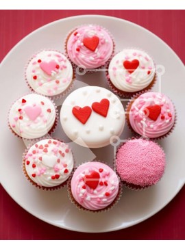 Σετ των 2 Intra Συλλεκτικό Ξύλινο Παζλ Plywood  4mm - Cupcakes για την ημέρα του Αγίου Βαλεντίνου με διακοσμητικά καρδιά σε λευκό πιάτο Σε Ξύλινο Κουτί - Διαστάσεις: 10x10 cm – 25 κομμάτια