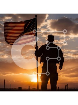 Intra Συλλεκτικό Ξύλινο Παζλ Plywood  4mm - Στρατιώτης με αμερικανική σημαία ενάντια στο ηλιοβασίλεμα Σε Ξύλινο Κουτί - Διαστάσεις Puzzle: 10x10 cm – 25 κομμάτια