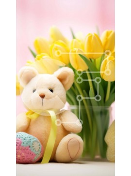 Intra Συλλεκτικό Ξύλινο Παζλ Plywood  4mm - Πασχαλινή γιορτή με αρκουδάκι, κίτρινες τουλίπες και διακοσμητικά αντικείμενα Σε Ξύλινο Κουτί - Διαστάσεις Puzzle: 10x10 cm – 25 κομμάτια
