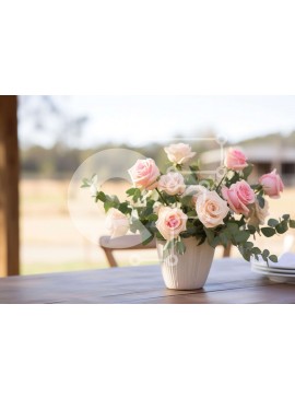 Intra Συλλεκτικό Ξύλινο Παζλ Plywood  4mm - Εξωτερική τραπεζαρία με ροζ τριαντάφυλλα σε λευκό βάζο Σε Ξύλινο Κουτί - Διαστάσεις: 10x10 cm – 25 κομμάτια