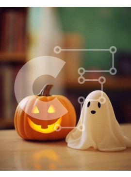 Intra Συλλεκτικό Ξύλινο Παζλ Plywood  4mm - Τρομακτικό ντεκόρ αποκριών με ειδώλια φαντασμάτων και κολοκύθα σε ξύλινο τραπέζι Σε Ξύλινο Κουτί - Διαστάσεις Puzzle: 10x10 cm – 25 κομμάτια