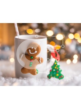 Σετ των 2 Intra Συλλεκτικό Ξύλινο Παζλ Plywood  4mm - Λευκό φλιτζάνι καφέ με στολίδι Gingerbread Man και νιφάδες χιονιού Σε Ξύλινο Κουτί - Διαστάσεις: 10x10 cm – 25 κομμάτια