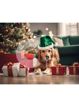 Intra Συλλεκτικό Ξύλινο Παζλ Plywood  4mm - Χρυσός σκύλος με καπέλο Άγιου Βασίλη με χριστουγεννιάτικα δώρα Σε Ξύλινο Κουτί - Διαστάσεις Puzzle: 10x10 cm – 25 κομμάτια
