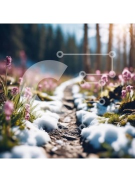 Intra Συλλεκτικό Ξύλινο Παζλ Plywood  4mm - Χιονισμένο μονοπάτι με ροζ λουλούδια στο αλπικό λιβάδι Σε Ξύλινο Κουτί - Διαστάσεις: 10x10 cm – 25 κομμάτια