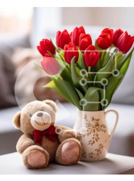 Intra Συλλεκτικό Ξύλινο Παζλ Plywood  4mm - Αρκουδάκι με κόκκινες τουλίπες και λευκά λουλούδια Σε Ξύλινο Κουτί - Διαστάσεις: 10x10 cm – 25 κομμάτια