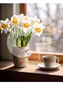 Σετ των 2 Intra Συλλεκτικό Ξύλινο Παζλ Plywood  4mm - Φλιτζάνι καφέ στο περβάζι παραθύρου με λουλούδια ασφόδελου Σε Ξύλινο Κουτί - Διαστάσεις: 10x10 cm – 25 κομμάτια