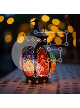 Intra Συλλεκτικό Ξύλινο Παζλ Plywood  4mm - Πολύχρωμο φανάρι που φωτίζεται από το φως των κεριών σε ένα τραπέζι εξωτερικού χώρου Σε Ξύλινο Κουτί - Διαστάσεις Puzzle: 10x10 cm – 25 κομμάτια