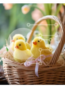 Intra Συλλεκτικό Ξύλινο Παζλ Plywood  4mm - Πασχαλινή γιορτή με τρεις κίτρινες πάπιες σε διακοσμημένο ψάθινο καλάθι Σε Ξύλινο Κουτί - Διαστάσεις Puzzle: 10x10 cm – 25 κομμάτια