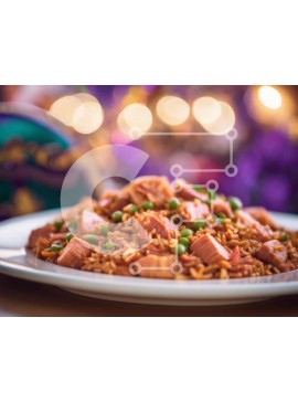 Σετ των 2 Intra Συλλεκτικό Ξύλινο Παζλ Plywood  4mm - Πιάτο ρυζιού με κρέας και λαχανικά σε γιορτινά μωβ τραπεζομάντιλα Σε Ξύλινο Κουτί - Διαστάσεις: 10x10 cm – 25 κομμάτια