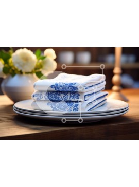 Intra Συλλεκτικό Ξύλινο Παζλ Plywood  4mm - Μπλε και λευκές χαρτοπετσέτες με λουλούδια σε ξύλινο τραπέζι Σε Ξύλινο Κουτί - Διαστάσεις Puzzle: 10x10 cm – 25 κομμάτια