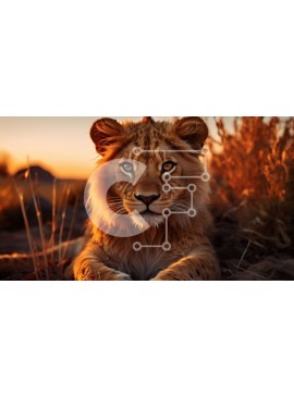 Intra Συλλεκτικό Ξύλινο Παζλ Plywood  4mm - Μεγαλοπρεπές λιοντάρι που κάθεται στο γρασίδι στο ηλιοβασίλεμα Σε Ξύλινο Κουτί - Διαστάσεις: 10x10 cm – 25 κομμάτια