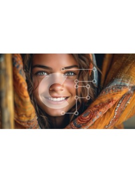 Intra Συλλεκτικό Ξύλινο Παζλ Plywood  4mm - Χαμογελαστή νεαρή γυναίκα με σγουρά μαλλιά και πολύχρωμο κασκόλ μπροστά στον ορίζοντα της πόλης Σε Ξύλινο Κουτί - Διαστάσεις Puzzle: 10x10 cm – 25 κομμάτια