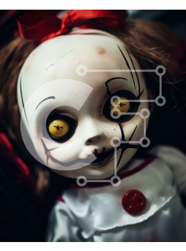 Intra Συλλεκτικό Ξύλινο Παζλ Plywood  4mm - Ανατριχιαστική κούκλα με κόκκινα και κίτρινα μάτια Σε Ξύλινο Κουτί - Διαστάσεις Puzzle: 10x10 cm – 25 κομμάτια