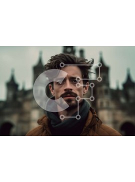 Intra Συλλεκτικό Ξύλινο Παζλ Plywood  4mm - Άνδρας με καφέ σακάκι και κασκόλ που στέκεται μπροστά από το σκοτεινό κάστρο Σε Ξύλινο Κουτί - Διαστάσεις Puzzle: 10x10 cm – 25 κομμάτια