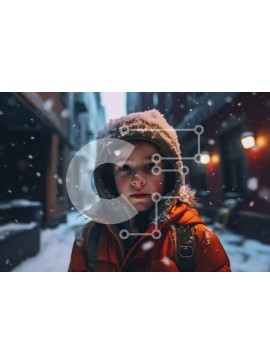 Intra Συλλεκτικό Ξύλινο Παζλ Plywood  4mm - Αξιολάτρευτη εικόνα ενός παιδιού με πορτοκαλί μπουφάν που στέκεται στο χιόνι Σε Ξύλινο Κουτί - Διαστάσεις Puzzle: 10x10 cm – 25 κομμάτια