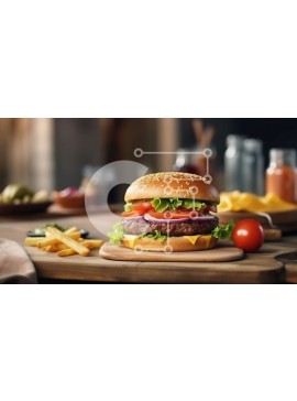 Σετ των 2 Intra Συλλεκτικό Ξύλινο Παζλ Plywood  4mm - Γευστική εικόνα ενός χάμπουργκερ με μαρούλι, ντομάτα και τηγανιτές πατάτες σε ένα ξύλινο τραπέζι Σε Ξύλινο Κουτί - Διαστάσεις: 10x10 cm – 25 κομμάτια