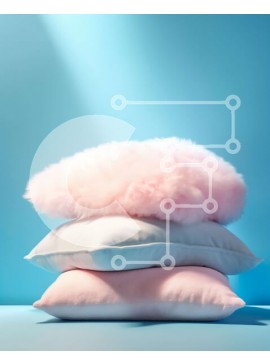 Intra Συλλεκτικό Ξύλινο Παζλ Plywood  4mm - Πολύχρωμα και άνετα: Στοίβα από ροζ και λευκά μαξιλάρια σε μπλε φόντο Σε Ξύλινο Κουτί - Διαστάσεις Puzzle: 10x10 cm – 25 κομμάτια