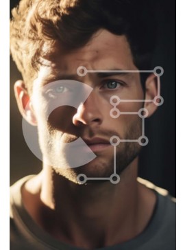 Intra Συλλεκτικό Ξύλινο Παζλ Plywood  4mm - Πορτρέτο ενός άνδρα με γκρι μπλουζάκι με κοντά, σγουρά καστανά μαλλιά και μπλε μάτια Σε Ξύλινο Κουτί - Διαστάσεις Puzzle: 10x10 cm – 25 κομμάτια