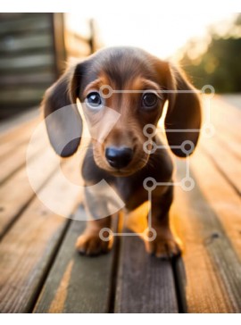 Σετ των 2 Intra Συλλεκτικό Ξύλινο Παζλ Plywood  4mm - Χαριτωμένο καφέ και μαύρο σκυλί Dachshund σε ένα ξύλινο κατάστρωμα στο ηλιοβασίλεμα Σε Ξύλινο Κουτί - Διαστάσεις: 10x10 cm – 25 κομμάτια