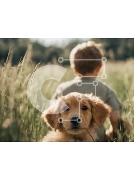 Intra Συλλεκτικό Ξύλινο Παζλ Plywood  4mm - Young Boy και Golden Retriever κουτάβι σε ένα χωράφι Σε Ξύλινο Κουτί - Διαστάσεις Puzzle: 10x10 cm – 25 κομμάτια