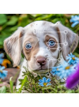 Intra Συλλεκτικό Ξύλινο Παζλ Plywood  4mm - Χαριτωμένη εικόνα του σκύλου με τα μπλε λουλούδια στον κήπο Σε Ξύλινο Κουτί - Διαστάσεις: 10x10 cm – 25 κομμάτια