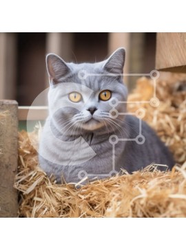 Intra Συλλεκτικό Ξύλινο Παζλ Plywood  4mm - Αξιολάτρευτη εικόνα μιας γκρίζας γάτας που κάθεται σε ένα σωρό σανό Σε Ξύλινο Κουτί - Διαστάσεις: 10x10 cm – 25 κομμάτια