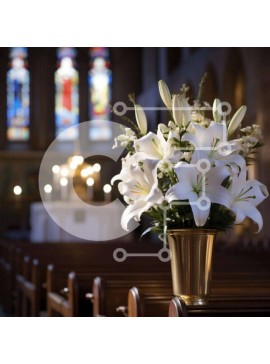 Intra Συλλεκτικό Ξύλινο Παζλ Plywood  4mm - Χρυσό βάζο με λευκούς κρίνους σε μια άδεια εκκλησία Σε Ξύλινο Κουτί - Διαστάσεις Puzzle: 10x10 cm – 25 κομμάτια