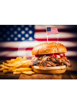 Σετ των 2 Intra Συλλεκτικό Ξύλινο Παζλ Plywood  4mm - Σάντουιτς τραβηγμένο χοιρινό με πατάτες και αμερικανική σημαία Σε Ξύλινο Κουτί - Διαστάσεις: 10x10 cm – 25 κομμάτια