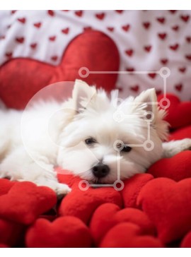 Σετ των 2 Intra Συλλεκτικό Ξύλινο Παζλ Plywood  4mm - Λευκό σκυλί στο κρεβάτι Red Hearts Σε Ξύλινο Κουτί - Διαστάσεις: 10x10 cm – 25 κομμάτια