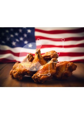 Σετ των 2 Intra Συλλεκτικό Ξύλινο Παζλ Plywood  4mm - Νόστιμα φτερά κοτόπουλου σε ξύλινο τραπέζι με φόντο αμερικανικής σημαίας Σε Ξύλινο Κουτί - Διαστάσεις: 10x10 cm – 25 κομμάτια