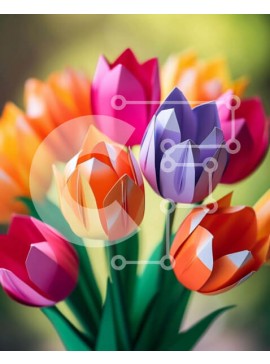 Intra Συλλεκτικό Ξύλινο Παζλ Plywood  4mm - Πολύχρωμες τουλίπες Origami στο βάζο Σε Ξύλινο Κουτί - Διαστάσεις Puzzle: 10x10 cm – 25 κομμάτια