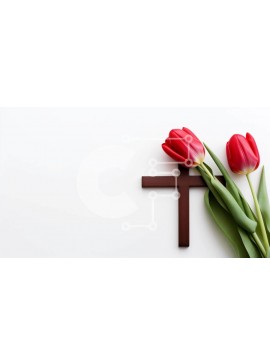 Intra Συλλεκτικό Ξύλινο Παζλ Plywood  4mm - Θρησκευτικό υπόβαθρο με σταυρό και κόκκινες τουλίπες Σε Ξύλινο Κουτί - Διαστάσεις Puzzle: 10x10 cm – 25 κομμάτια