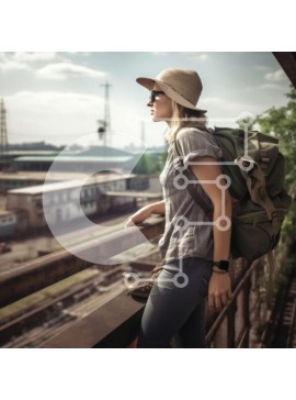 Intra Συλλεκτικό Ξύλινο Παζλ Plywood  4mm - Γυναίκα με πράσινο σακίδιο σε μια γέφυρα που κοιτάζει το αστικό τοπίο Σε Ξύλινο Κουτί - Διαστάσεις Puzzle: 10x10 cm – 25 κομμάτια