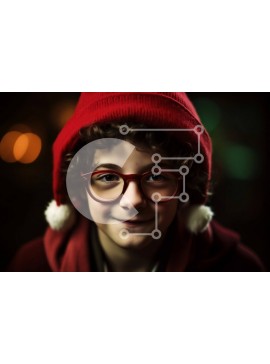 Intra Συλλεκτικό Ξύλινο Παζλ Plywood  4mm - Χαριτωμένη εικόνα ενός νεαρού αγοριού που χαμογελά με ένα κόκκινο καπέλο και γυαλιά Άγιου Βασίλη Σε Ξύλινο Κουτί - Διαστάσεις Puzzle: 10x10 cm – 25 κομμάτια