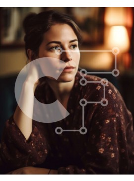 Intra Συλλεκτικό Ξύλινο Παζλ Plywood  4mm - Στοχαστική γυναίκα με καφέ λουλουδάτο σάλι που κάθεται σε δωμάτιο με χαμηλό φωτισμό Σε Ξύλινο Κουτί - Διαστάσεις Puzzle: 10x10 cm – 25 κομμάτια