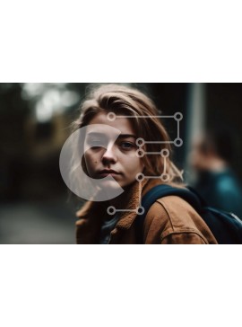 Intra Συλλεκτικό Ξύλινο Παζλ Plywood  4mm - Σοβαρή νεαρή γυναίκα με καστανά μαλλιά και μπλε μάτια που στέκεται σε ένα πεζοδρόμιο Σε Ξύλινο Κουτί - Διαστάσεις Puzzle: 10x10 cm – 25 κομμάτια